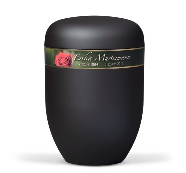 Naturstoffurne, Anthrazit Velour, Dekorband: Rosenbl&uuml;te und Pers&ouml;nliche