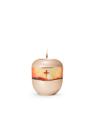 Porzellanurne 360&deg;, perlmutt apricot, Motiv Kreuz
