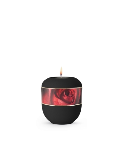 Porzellanurne Rouge, tiefschwarz samtiert, Motiv Rose