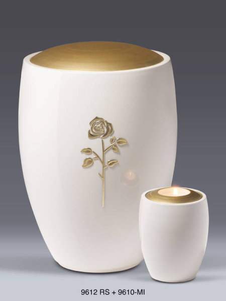 Keramikurne, Deckel goldfarbig | weiss, mit Rose