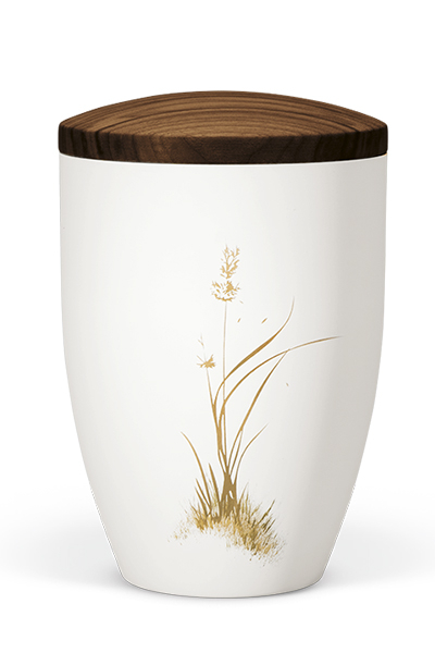 Naturstoffurne, Wei&szlig;-MATT Dekor "Gr&auml;ser goldbraun" Handbemalt, Holzdeckel