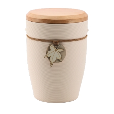 Tonurne Andenken Creme mit Apfel-Deckel, inkl. Andenken Ahornblatt