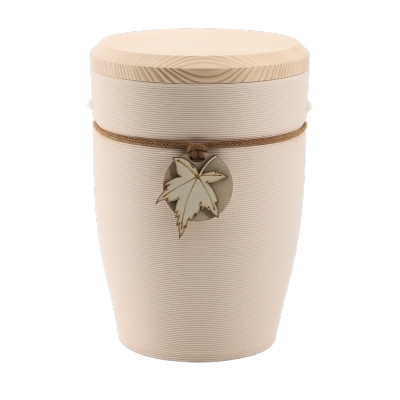 Tonurne Andenken Creme mit Tannen-Deckel, inkl. Andenken Ahornblatt