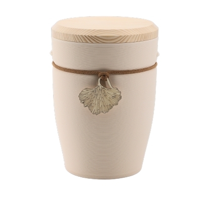 Tonurne Andenken Creme mit Tannen-Deckel, inkl. Andenken Gingko