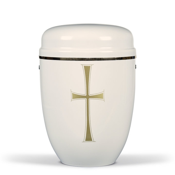 Stahlurne, Cremeweiß, Goldkreuz, Goldband