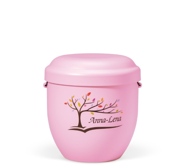 Naturstoff Kleinurne, Rosa Dekor Baum mit Name (Name individualisierbar) Verschlussdeckel