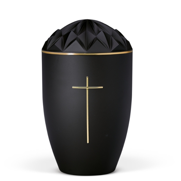 Naturstoffurne, Anthrazit Velours, Goldband, Stripdome Kreuz Gold, Diamant