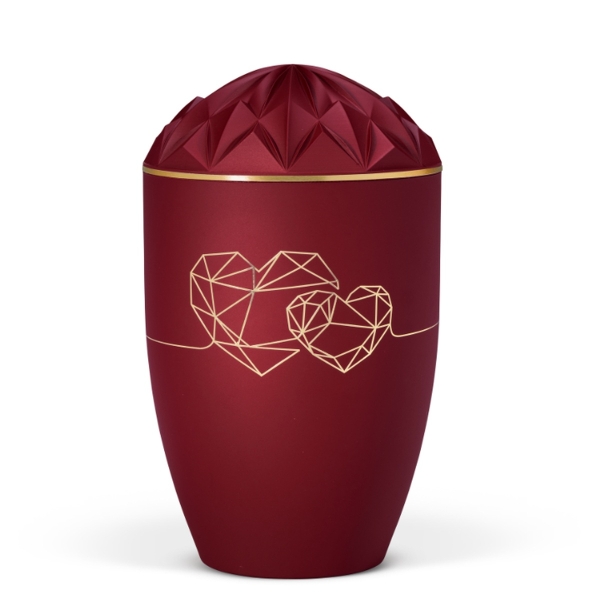 Naturstoffurne, Weinrot Velours, Goldband, geometrische Herzen, Diamant