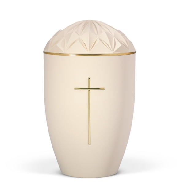 Naturstoffurne, Sandbeige, Goldband, Stripdome Kreuz Gold, Diamant