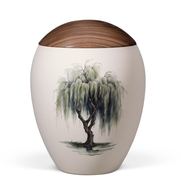 Naturstoffurne, Sandbeige, bauchig glatt, Motiv bedruckt: Trauerweide, Holzdeckel Nussbaum