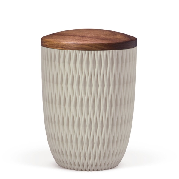 Naturstoffurne, Sandbeige, Holzdeckel Nussbaum, Carrea