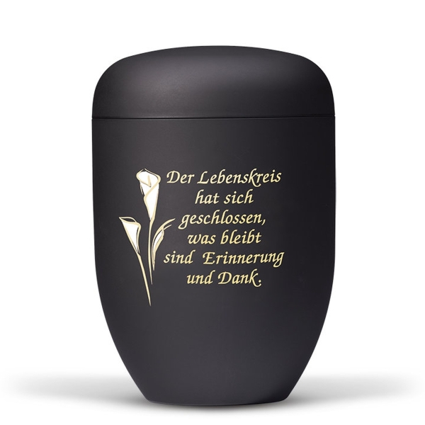 Stahlurne, Anthrazit Velours, Calla Gold/Weiß Foliendekor, Trauertext Nr. 1