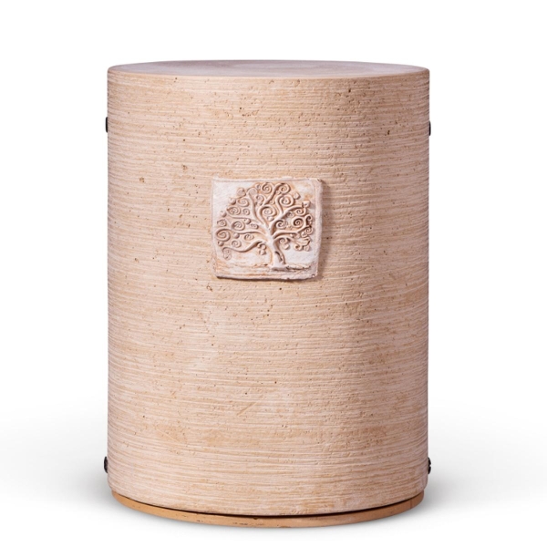 Dujura-Urne aus Kalzium, Zylindrische Form, Terracotta, gedrehte Tonoptik, Reliefmotiv Baum des Lebens