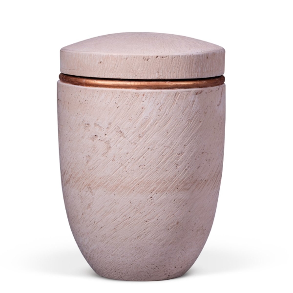 Dujura-Urne aus Kalzium, Mineralische Steinoptik, Rosé Terracotta, Akzentring Kupferfarbig
