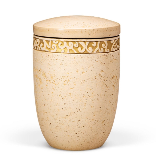 Dujura-Urne aus Kalzium, Steinoptik Terracotta, Ornamentring Gold, flacher Deckel