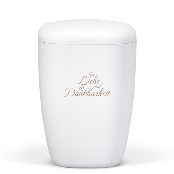 Naturstoffurne, Weiß-Matt, Lasergravur, "In Liebe und Dankbarkeit" (Braun)