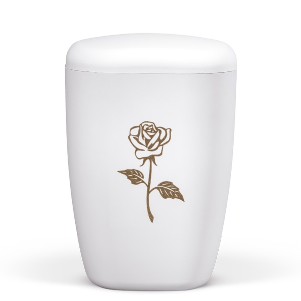 Naturstoffurne, Weiß-Matt, Lasergravur, Rose (braun)