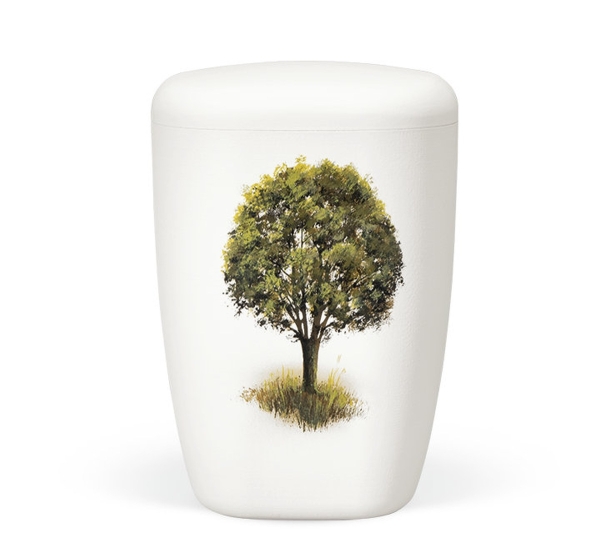 Naturstoffurne, Weiß-Matt Handbemalt "Baum auf Wiese"