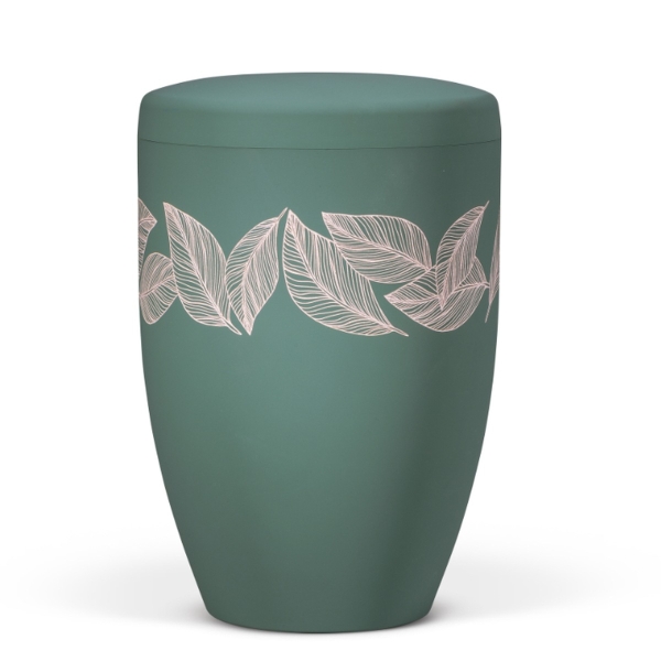 Naturstoffurne, Olivegrün Velours, Lasergravur Motiv: Blattornament