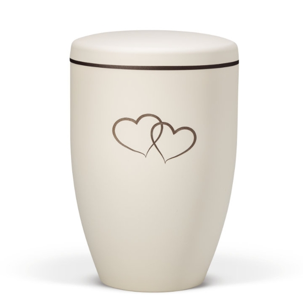 Naturstoffurne, Sandbeige - Tampondruck - Deckel brauner Rand, Motiv: Doppelherz
