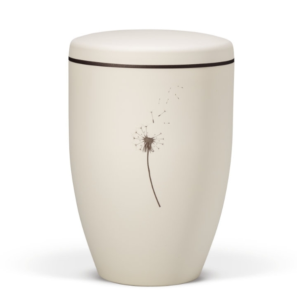 Naturstoffurne, Sandbeige - Tampondruck - Deckel brauner Rand, Motiv: Pusteblume