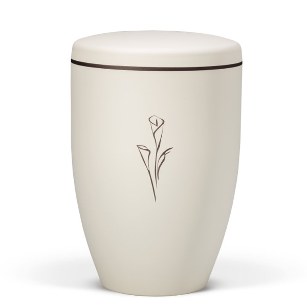 Naturstoffurne, Sandbeige - Tampondruck - Deckel brauner Rand, Motiv: Calla