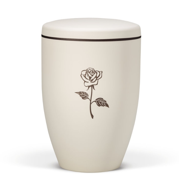 Naturstoffurne, Sandbeige - Tampondruck - Deckel brauner Rand, Motiv: Rose