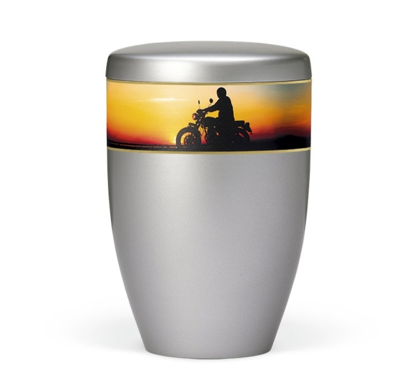 Naturstoffurne, Stahlgrau, Dekorband: Motorrad im Sonnenuntergang