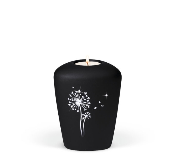 Keramikurne, Anthrazit Velour Airbrush Pusteblume mit Crystal Elements Gedenkurne mit Teelicht