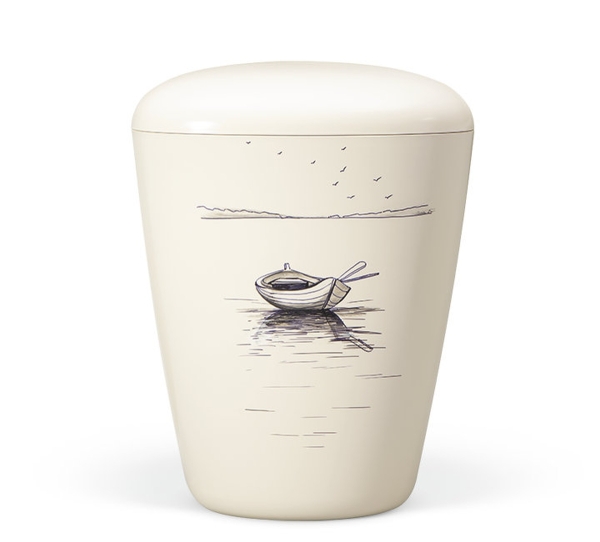 Naturstoffurne, Cremeweiß, Motiv "Boot im Watt" Handbemalt