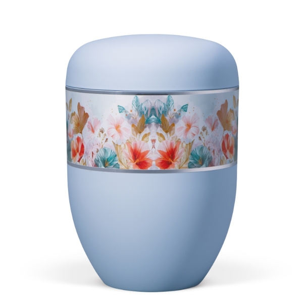 Naturstoffurne, Eisblau, Blumenmeer im Aquarellstil mit farbenprächtigen Blüten, Blättern
