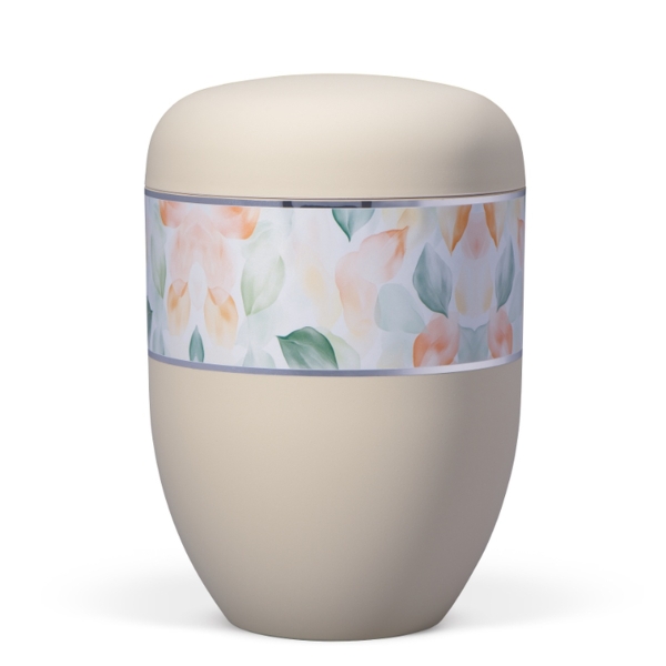 Naturstoffurne, Sandbeige, Florales Aquarellmuster, Blätter in Pastellfarben