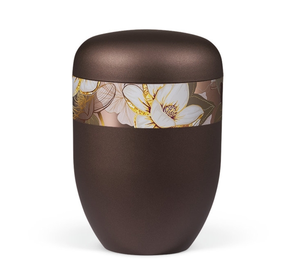 Naturstoffurne, Kastanienbraun Matt Rosé Gold, Dekor "Magnolia"