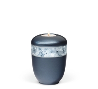 Keramikurne, Blau Perlmutt, Dekorband Blüten Blau,...