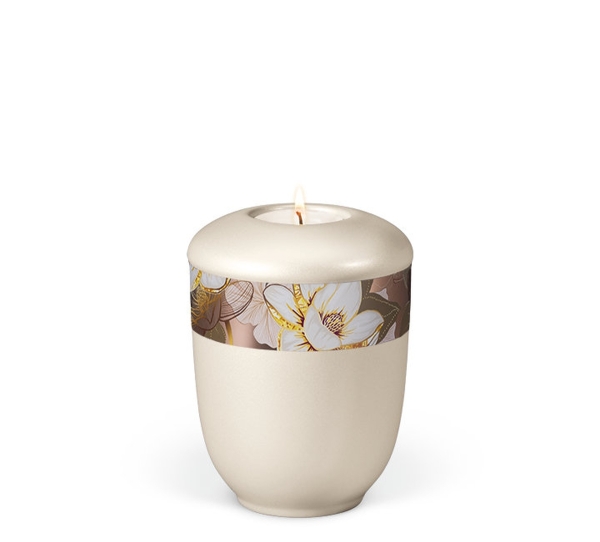 Keramikurne, Cremeweiß Perlmutt, Rosé Gold, Dekor "Magnolia" Gedenkurne mit Teelicht