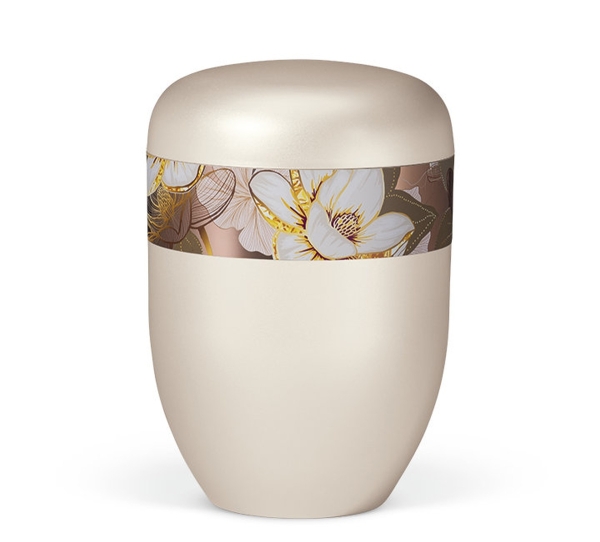 Naturstoffurne, Cremeweiß Perlmutt, Rosé Gold, Dekor "Magnolia"