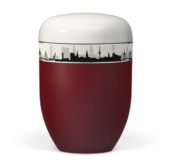 Naturstoff, Korpus Weinrot Vel Deckel Weiß,Dekorband: Skyline HAMBURG