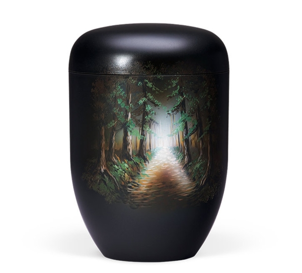Naturstoffurne, Schwarz, Handbemalt Waldweg