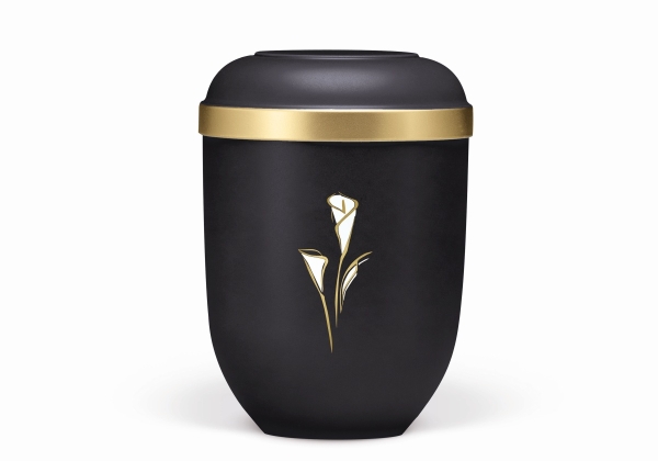 Naturstoffurne, Anthrazit Velours, Goldrand, Calla gold/weiß