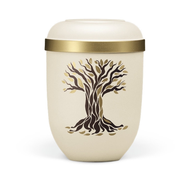 Naturstoffurne, Sandbeige, Goldrand, Motiv: Herbstlicher Baum, Handbemalt