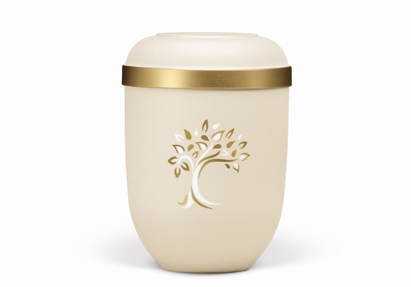 Naturstoffurne, Sandbeige, Goldrand, Baum ART-Dekor Baum gold/weiß