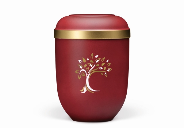 Naturstoffurne, Weinrot Velours, Goldrand, Baum ART-Dekor gold/weiß