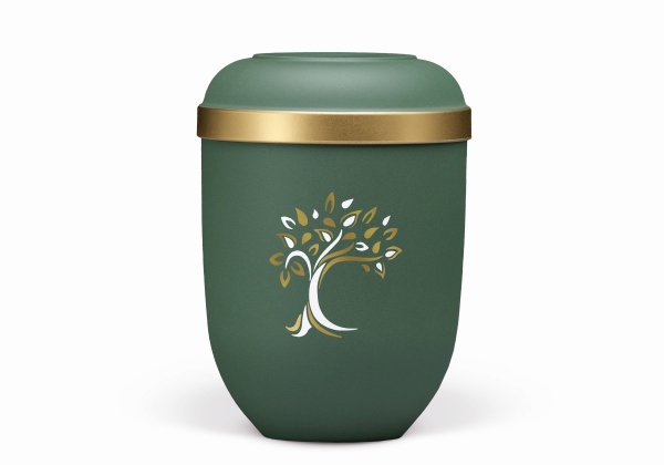 Naturstoffurne, Olivegrün- Velours, Baum ART-Dekor gold/weiß