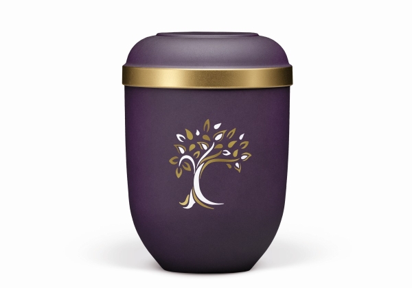 Naturstoffurne, Violett Velours, Goldrand, Baum ART-Dekor gold/weiß
